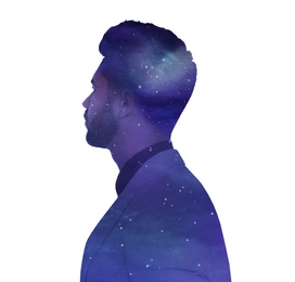 Image of Universe hidden in human, mindfulness, imagination, ideas, creativity, inner power concepts. Silhouette of man and starry sky or galaxy on white background, double exposure
