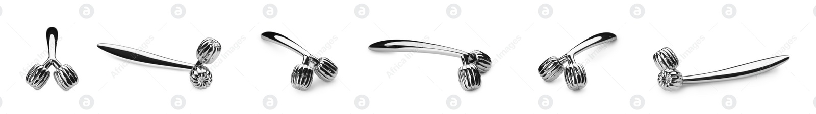 Image of Set with metal face rollers on white background. Banner design