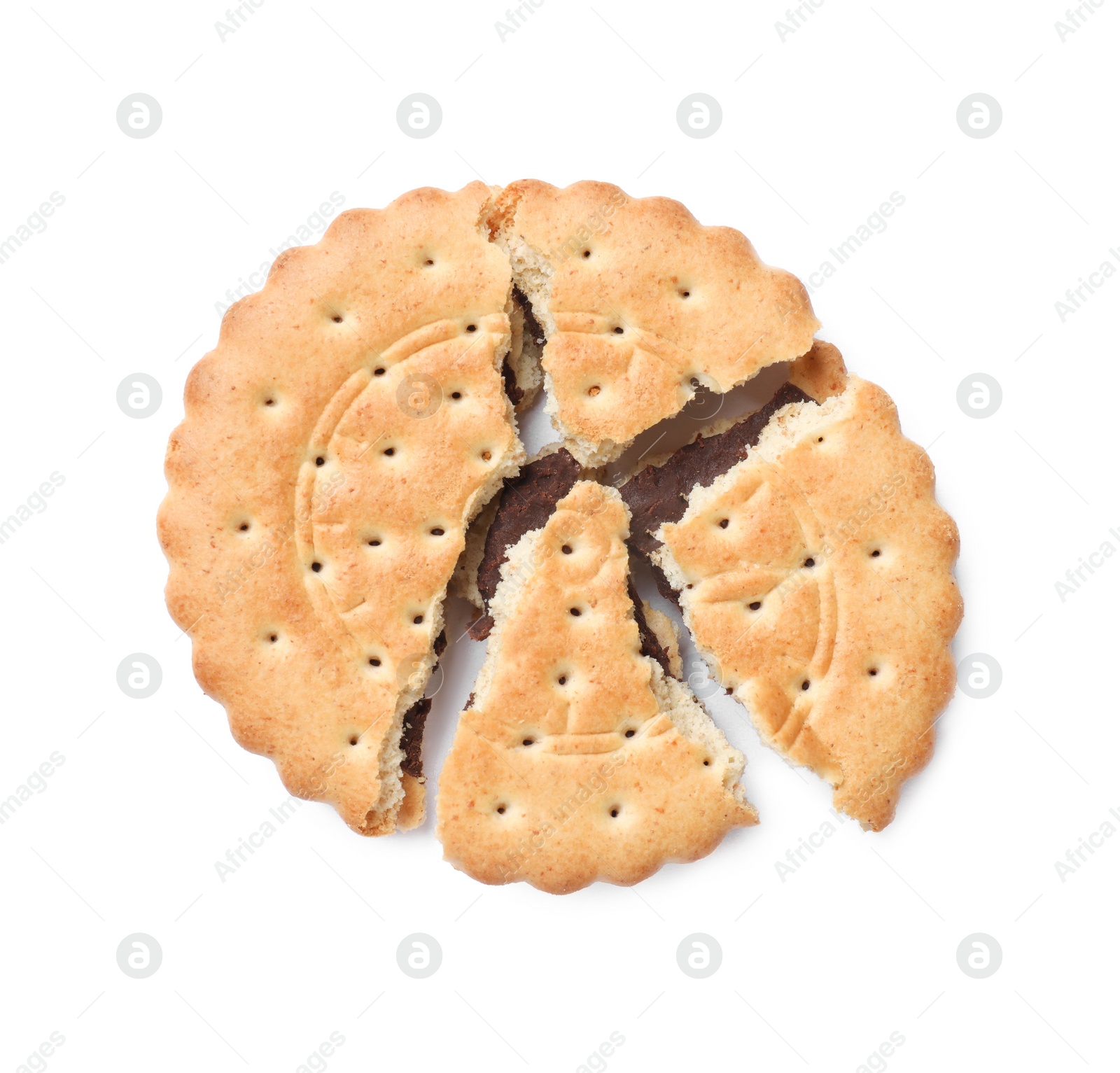 Photo of Pieces of tasty sandwich cookie isolated on white, top view