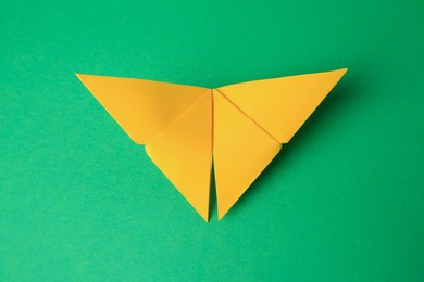 Origami art. Paper butterfly on green background, top view