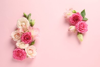 Photo of Happy Mother's Day. Beautiful roses on pink background, flat lay. Space for text