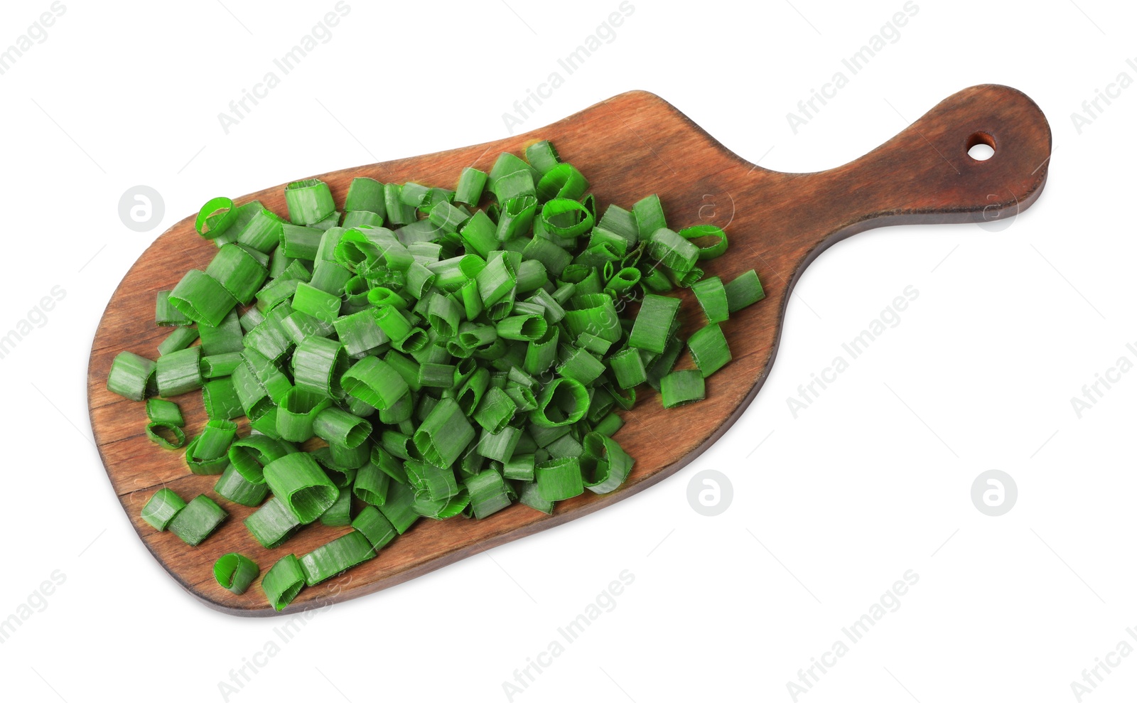 Photo of Chopped fresh green onion isolated on white, top view