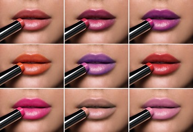 Collage with photos of woman applying different beautiful lipsticks, closeup