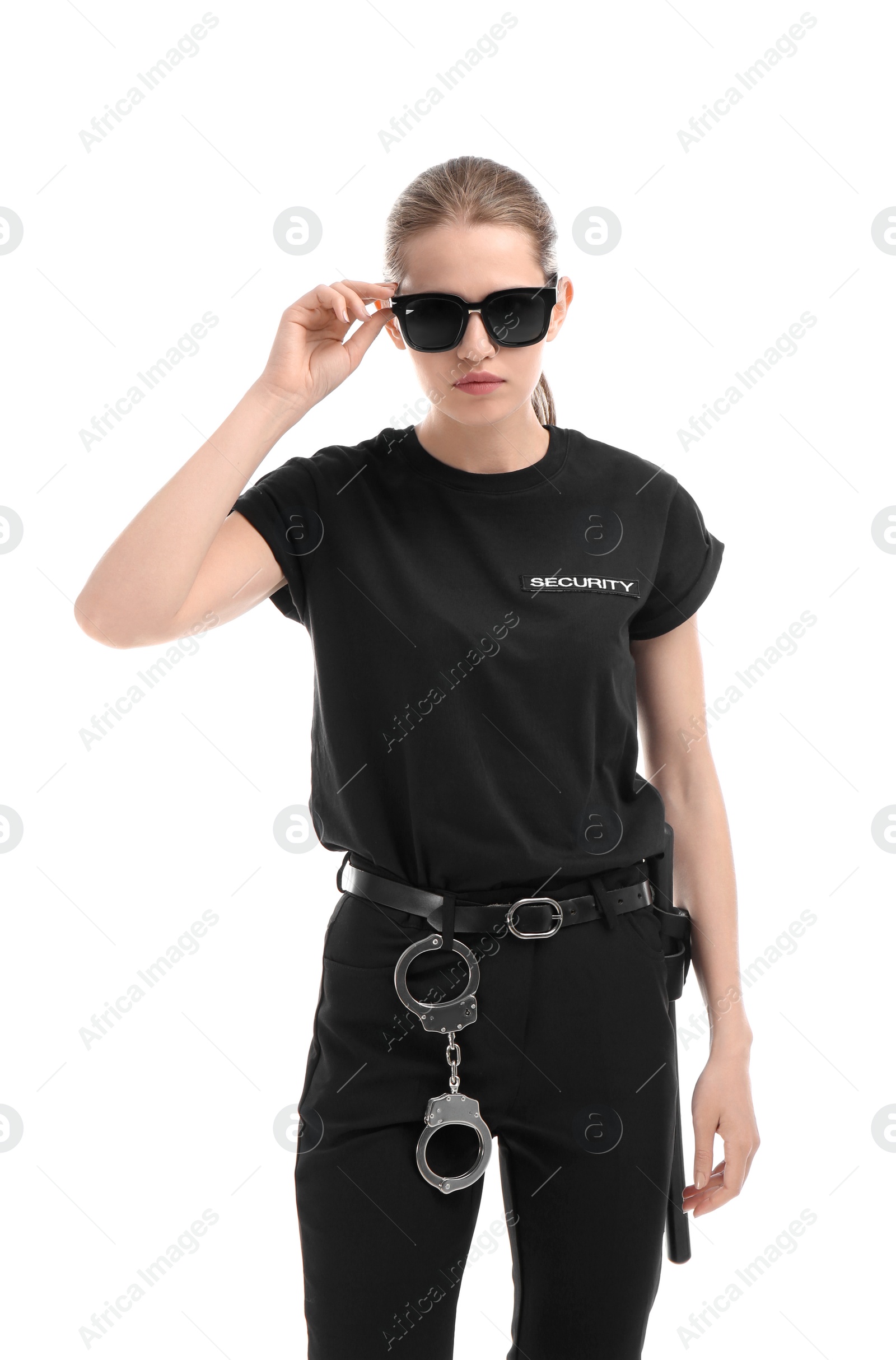 Photo of Female security guard in uniform on white background