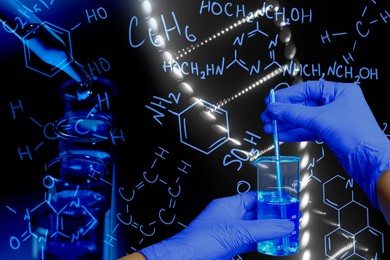 Image of Scientist stirring liquid with glass rod, dripping reagent into test tube and different chemical formulas and reactions, multiple exposure