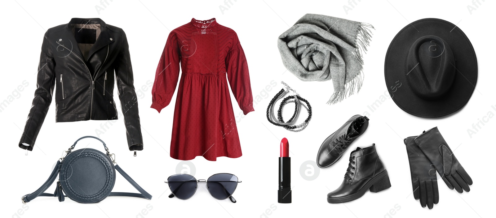 Image of Stylish women's outfit. Collage with modern clothes, gloves and other accessories on white background, banner design 