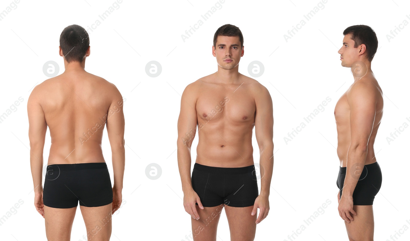 Image of Collage of man with sexy body on white background