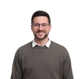 Photo of Portrait of handsome bearded businessman in eyeglasses on white background