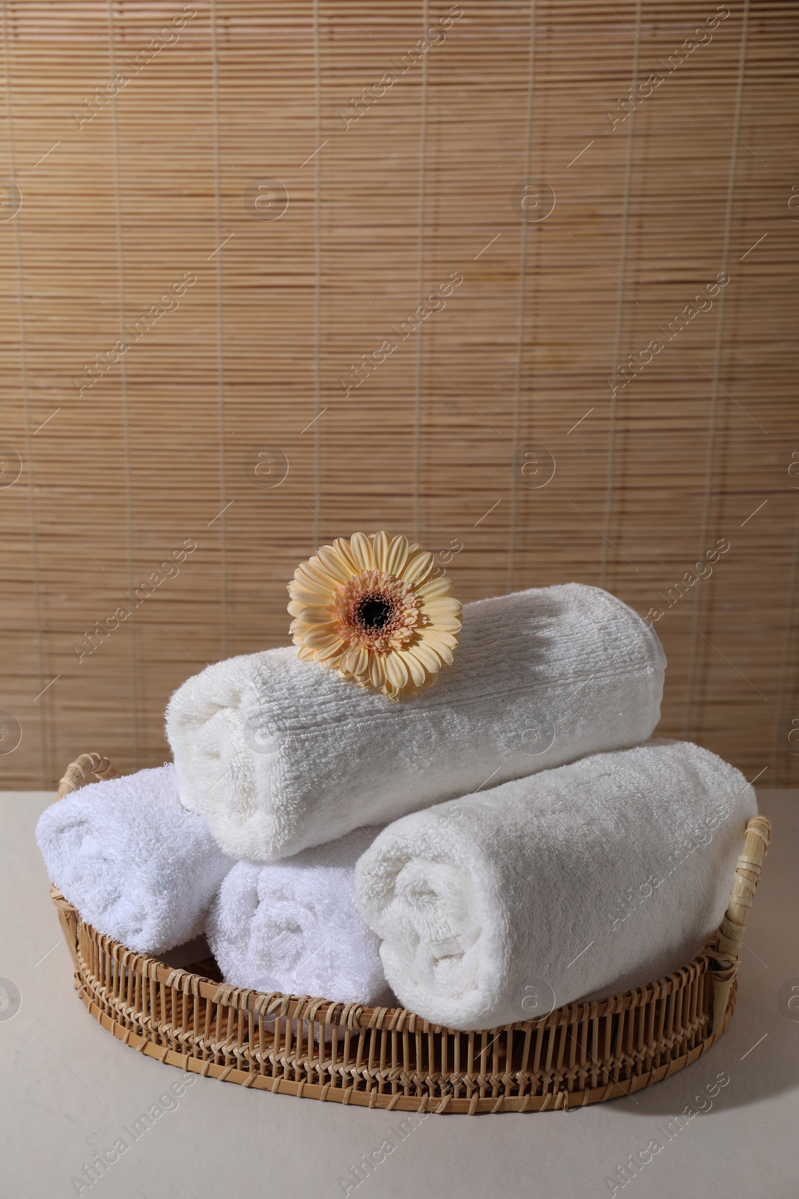 Photo of Rolled terry towels and flower on white table indoors, space for text