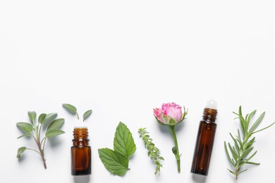 Photo of Bottles of essential oils, different herbs and rose flower on white background, flat lay. Space for text