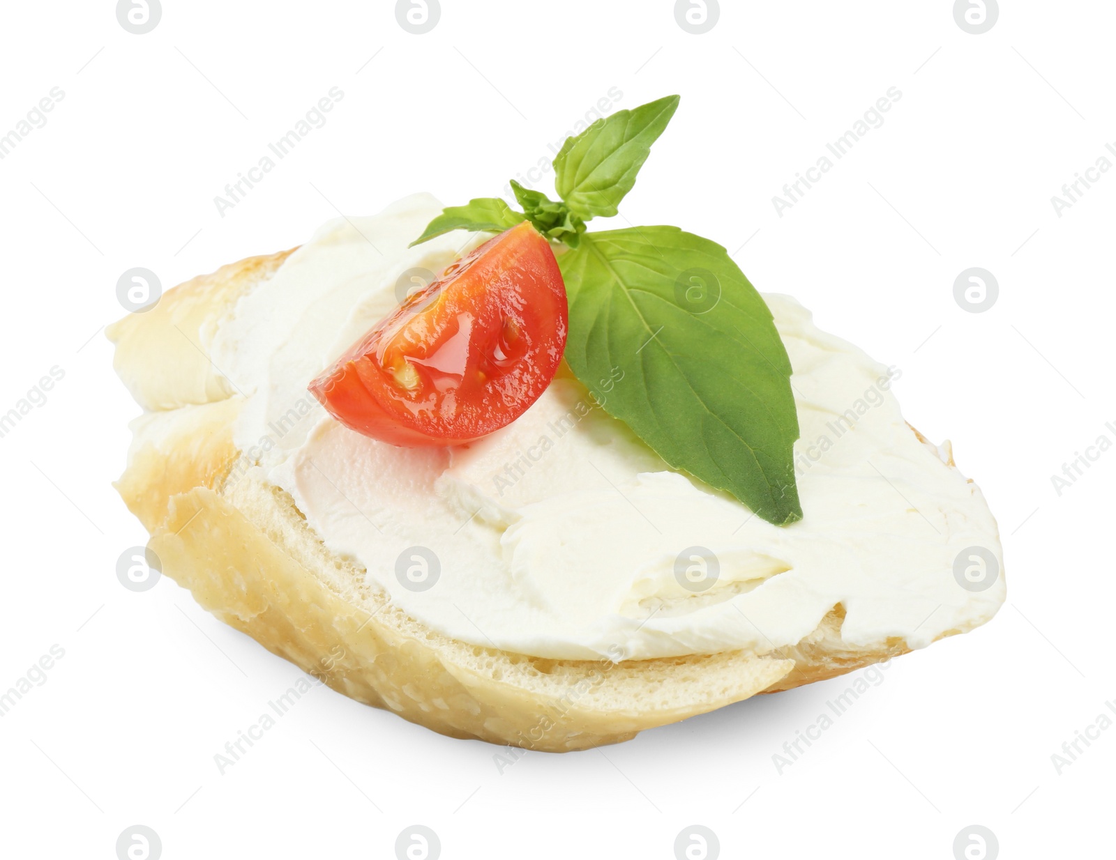 Photo of Bruschetta with cream cheese, tomato and basil leaves isolated on white