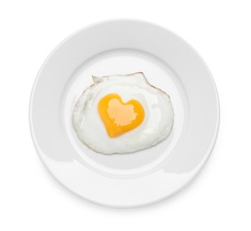 Image of Plate with tasty fried egg with yolk in shape of heart on white background, top view