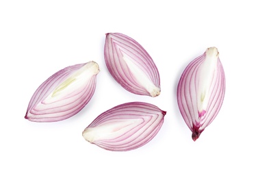 Photo of Fresh cut red onion on white background, top view