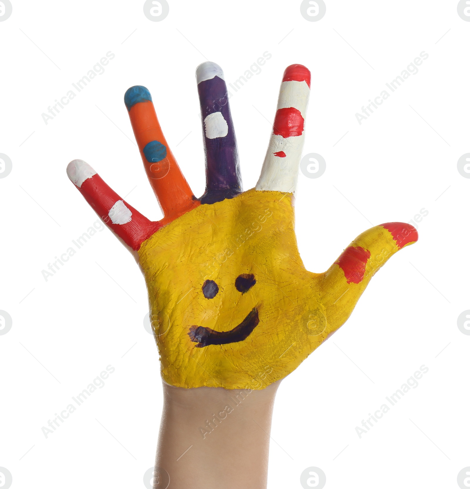 Photo of Kid with smiling face drawn on palm against white background, closeup