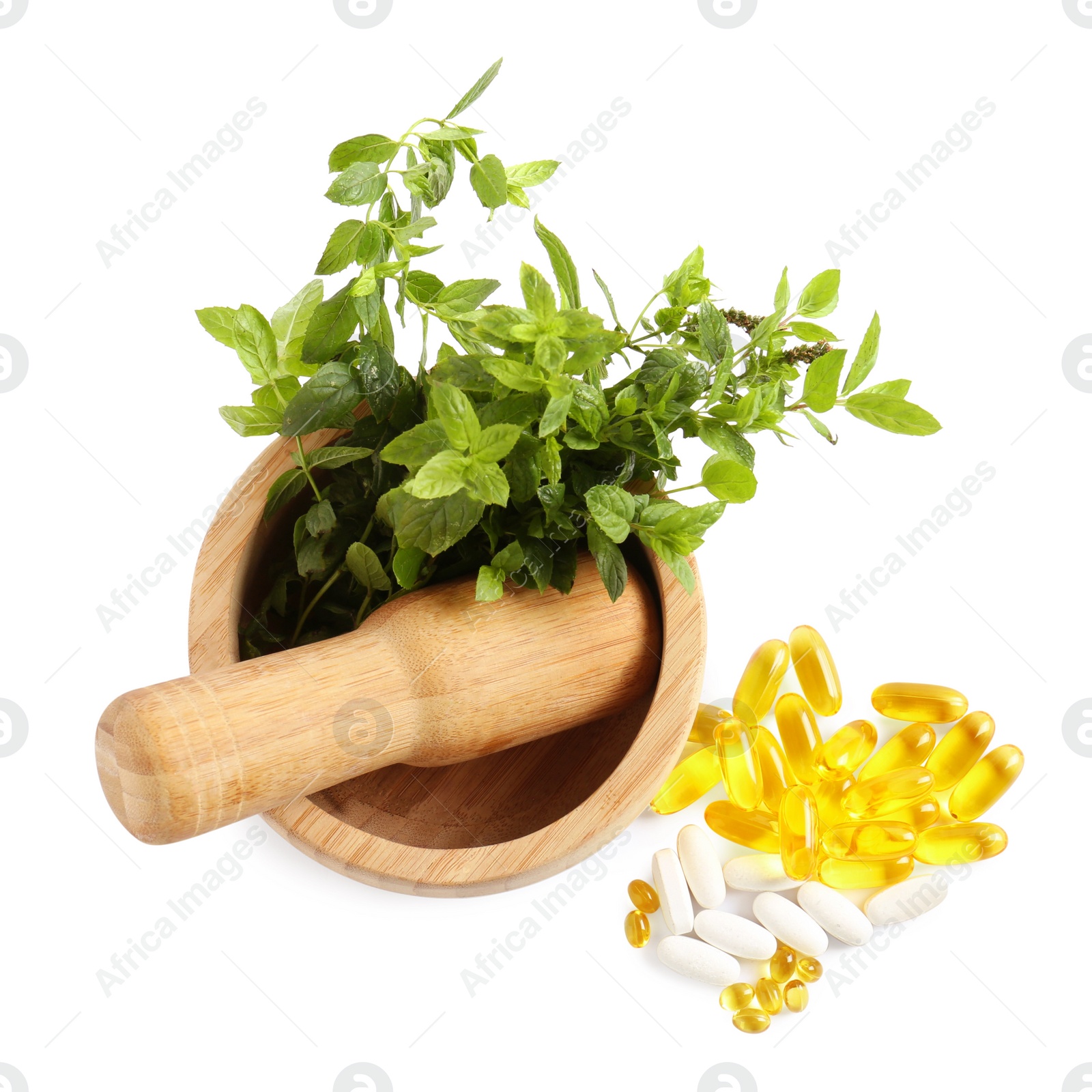 Photo of Mortar with fresh green mint and pills on white background, top view
