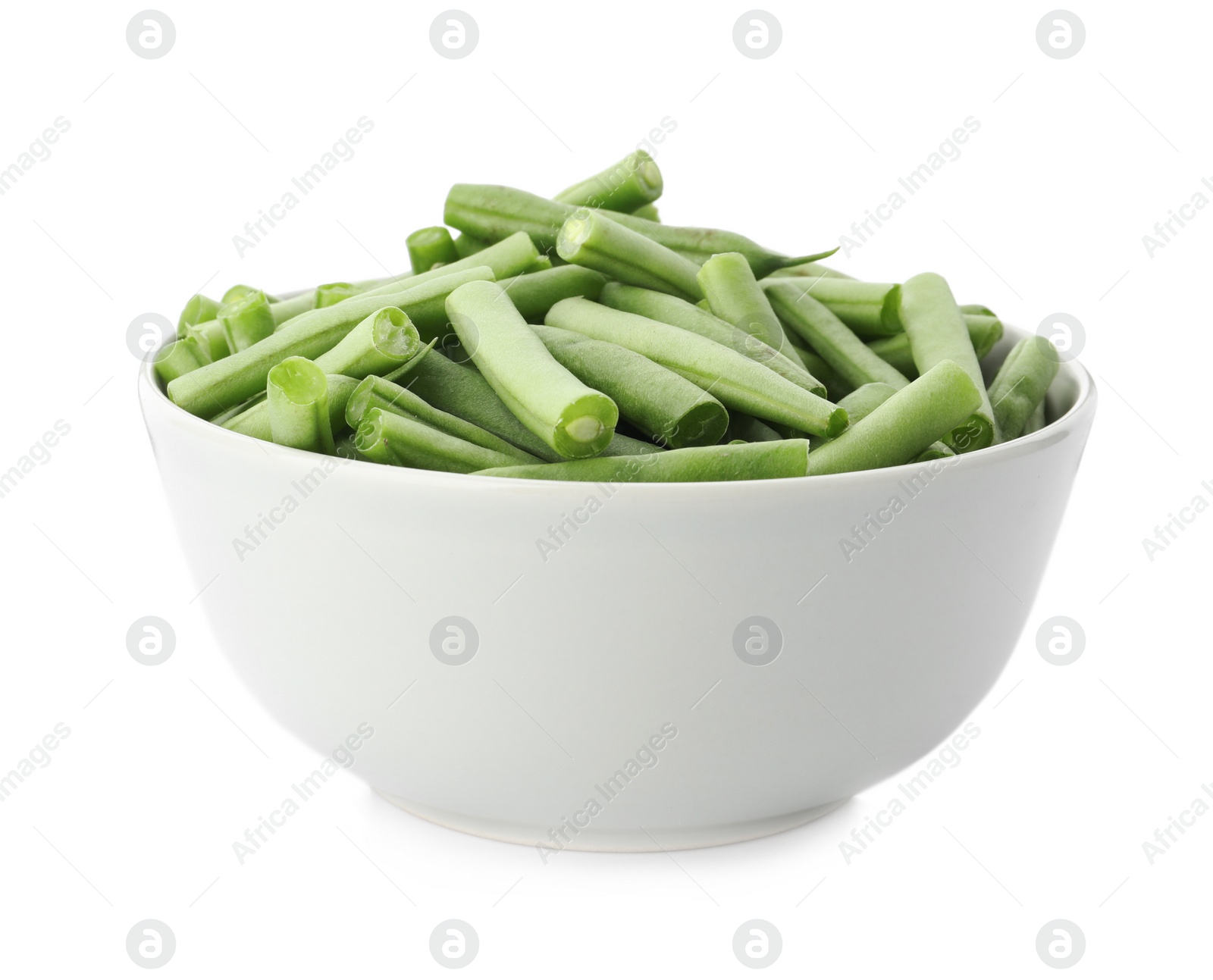 Photo of Fresh green beans in bowl isolated on white