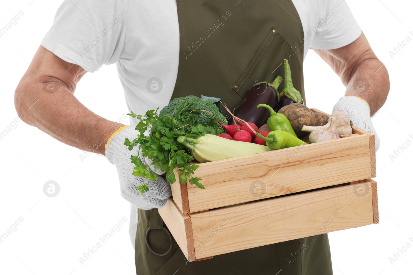 Photo of Harvesting season. Farmer holding wooden crate with vegetables on white background, closeup