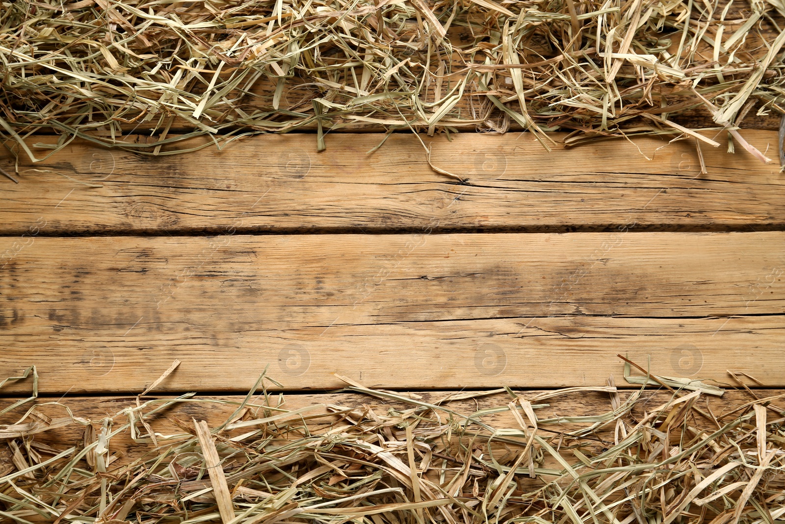 Photo of Dried hay on wooden background, flat lay. Space for text