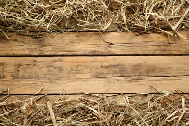 Dried hay on wooden background, flat lay. Space for text