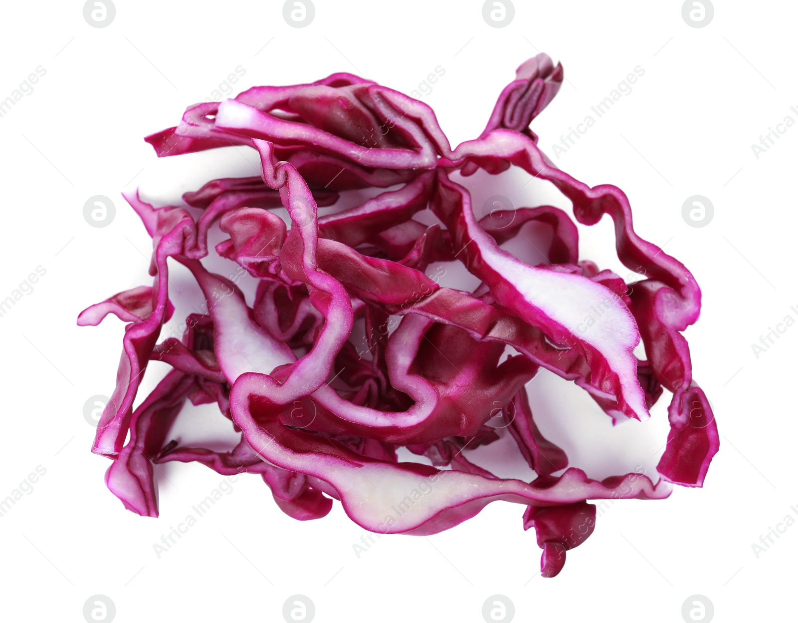 Photo of Chopped fresh red cabbage isolated on white, above view