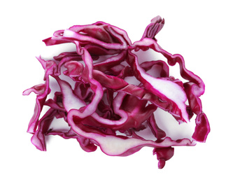 Photo of Chopped fresh red cabbage isolated on white, above view