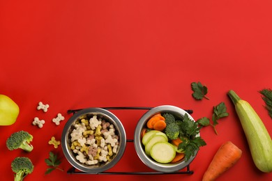 Photo of Pet food and natural ingredients on red background, flat lay. Space for text