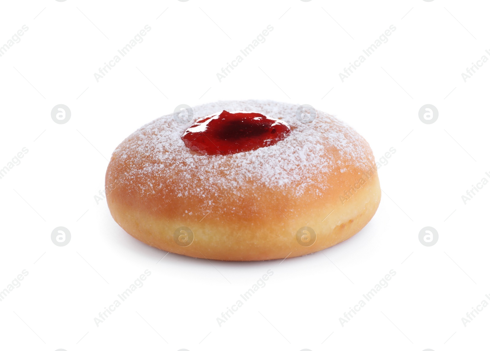 Photo of Hanukkah doughnut with jelly and sugar powder isolated on white