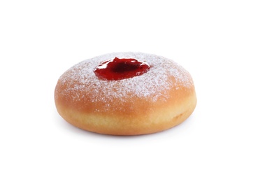 Photo of Hanukkah doughnut with jelly and sugar powder isolated on white