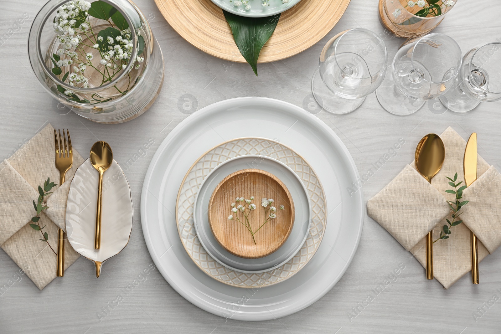 Photo of Elegant festive setting on white wooden table, flat lay