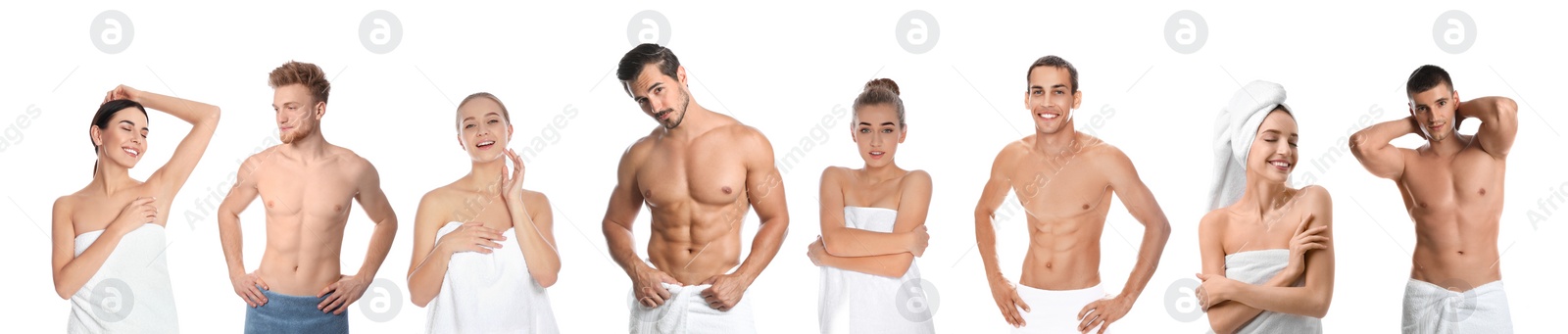 Image of Collage with photos of people with soft towels on white background. Banner design