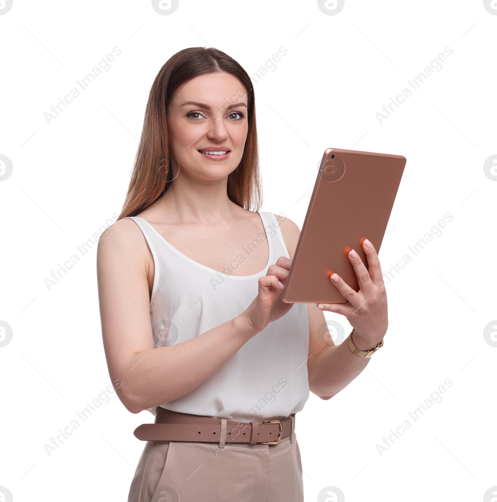 Photo of Beautiful businesswoman with tablet on white background