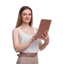 Beautiful businesswoman with tablet on white background