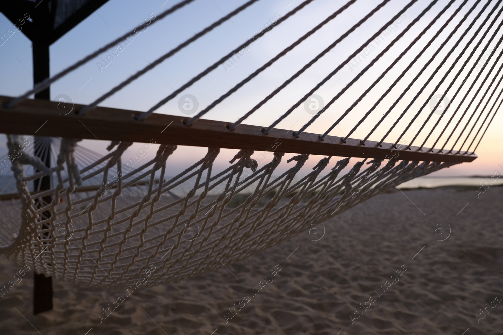 Photo of Empty hammock on beach at sunset. Time to relax