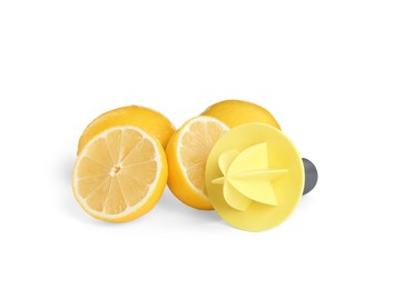 Photo of Plastic juicer and fresh lemons on white background