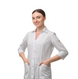 Cosmetologist in medical uniform on white background