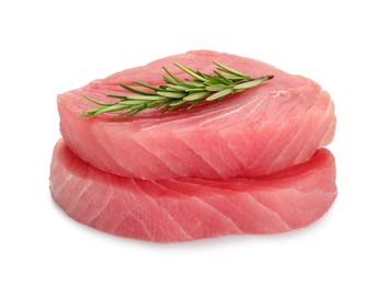 Raw tuna fillets with rosemary on white background