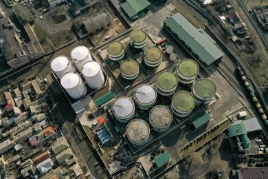 Image of Aerial view of industrial buildings. CO2 emissions