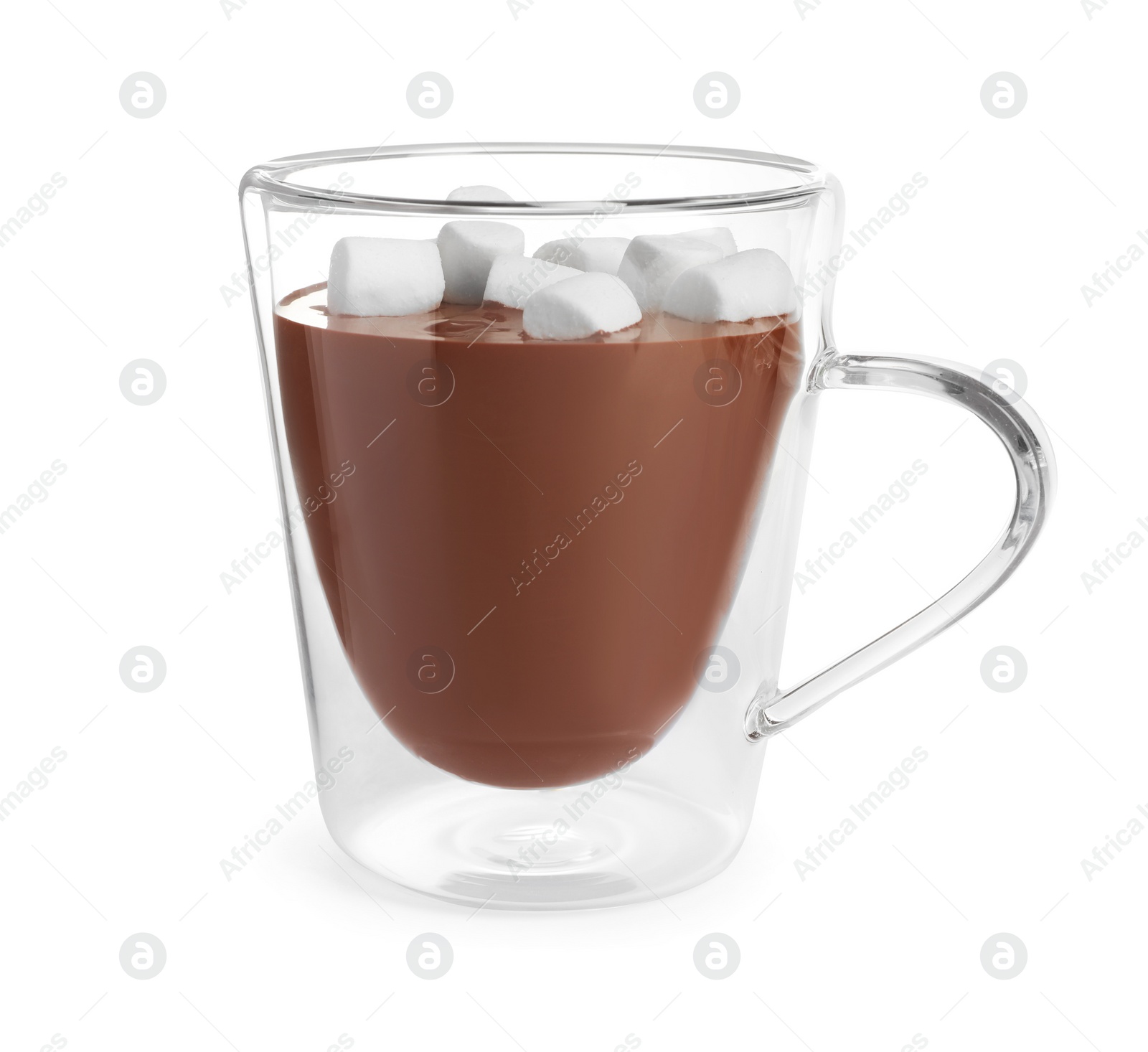 Photo of Glass cup of delicious hot chocolate with marshmallows on white background