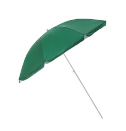 Photo of Open green beach umbrella isolated on white