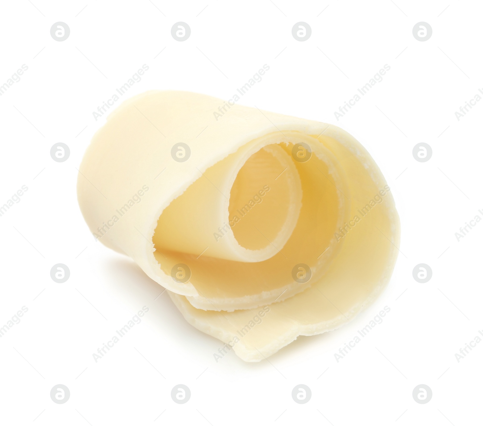 Photo of Yummy chocolate curl for decor on white background