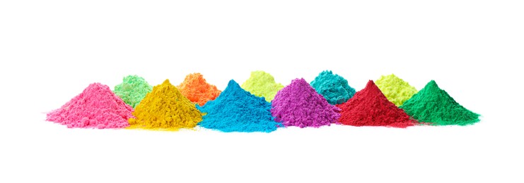 Colorful powder dyes on white background. Holi festival