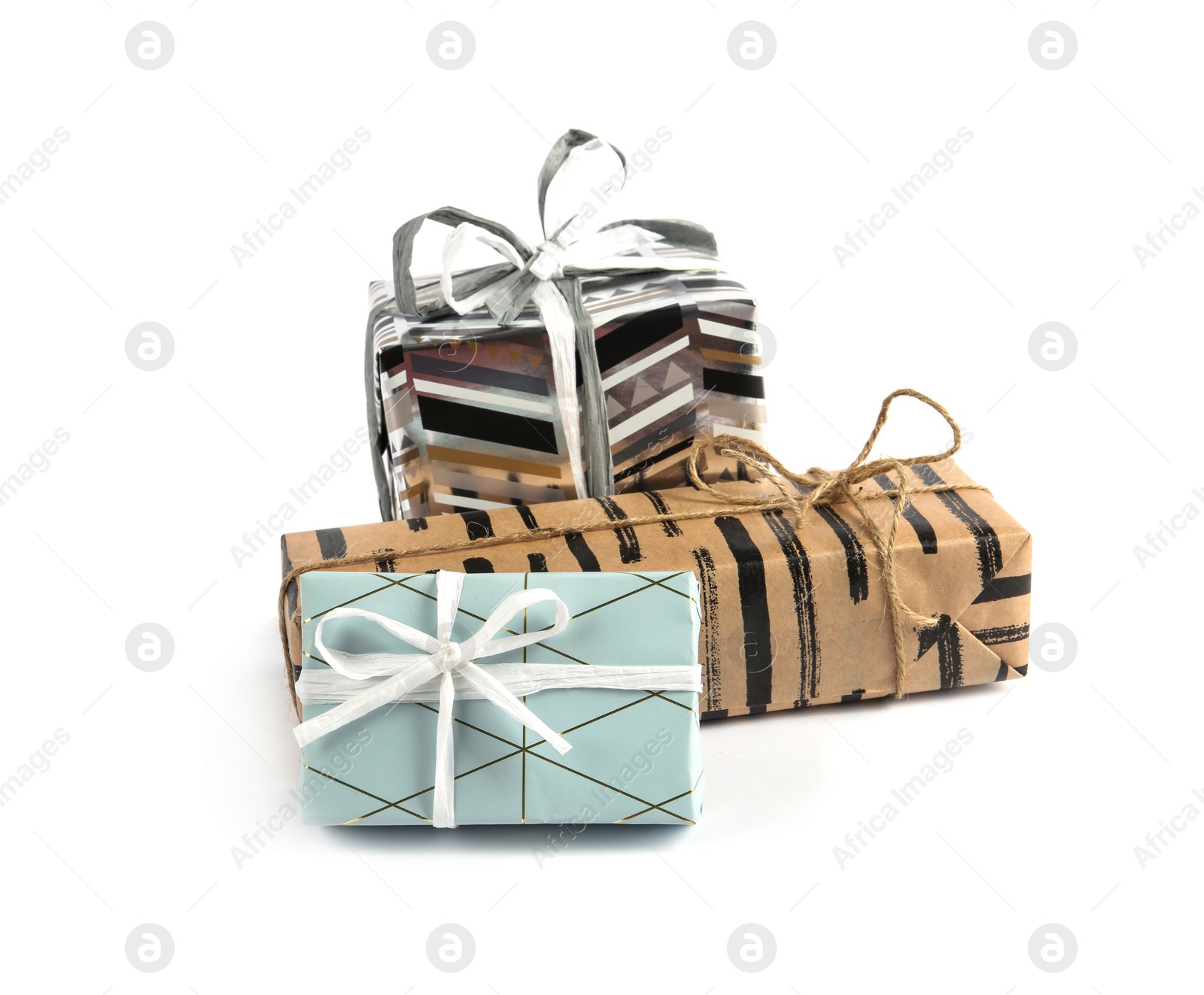 Photo of Heap of beautiful gift boxes on white background