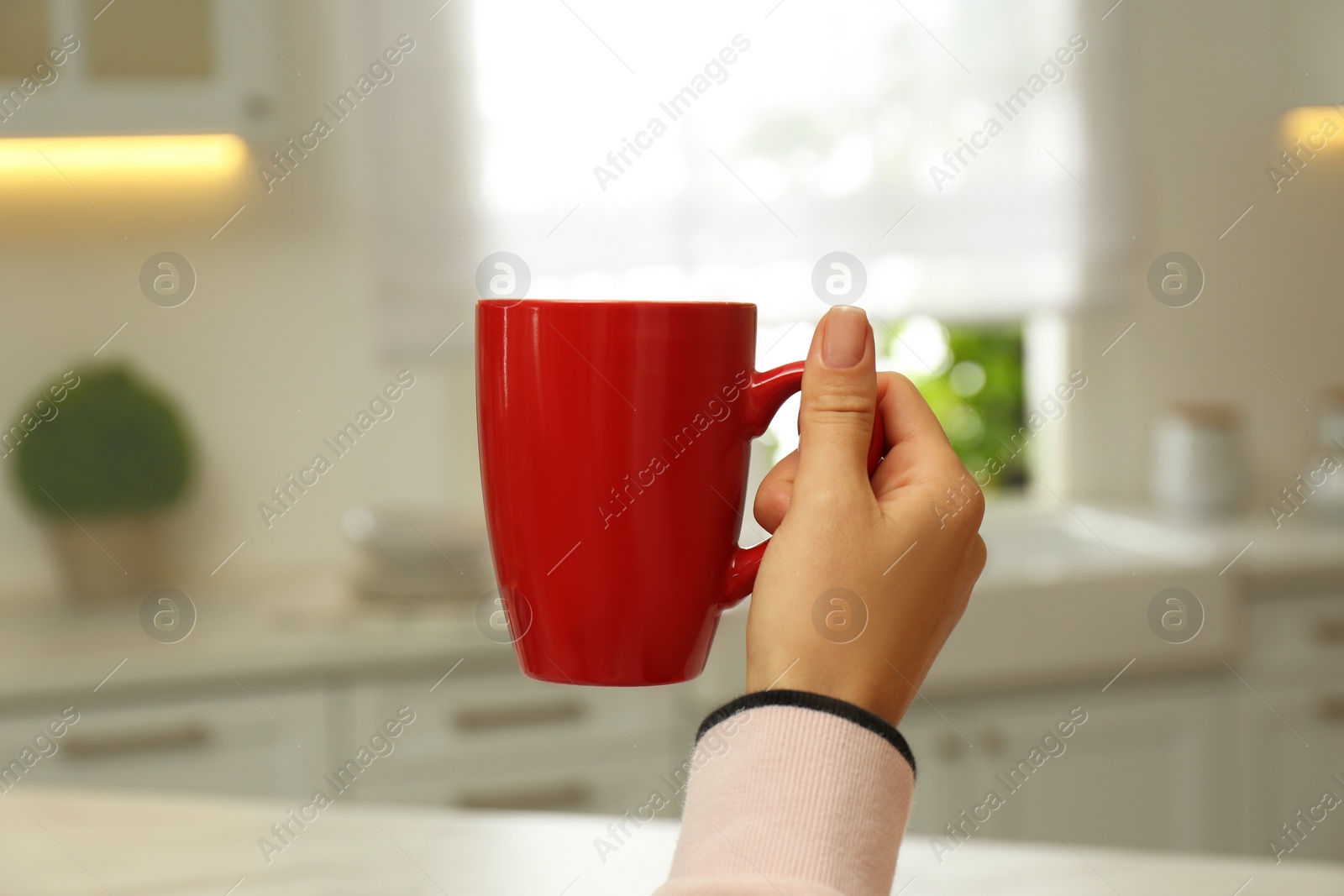 Photo of Woman holding elegant red cup in kitchen, closeup