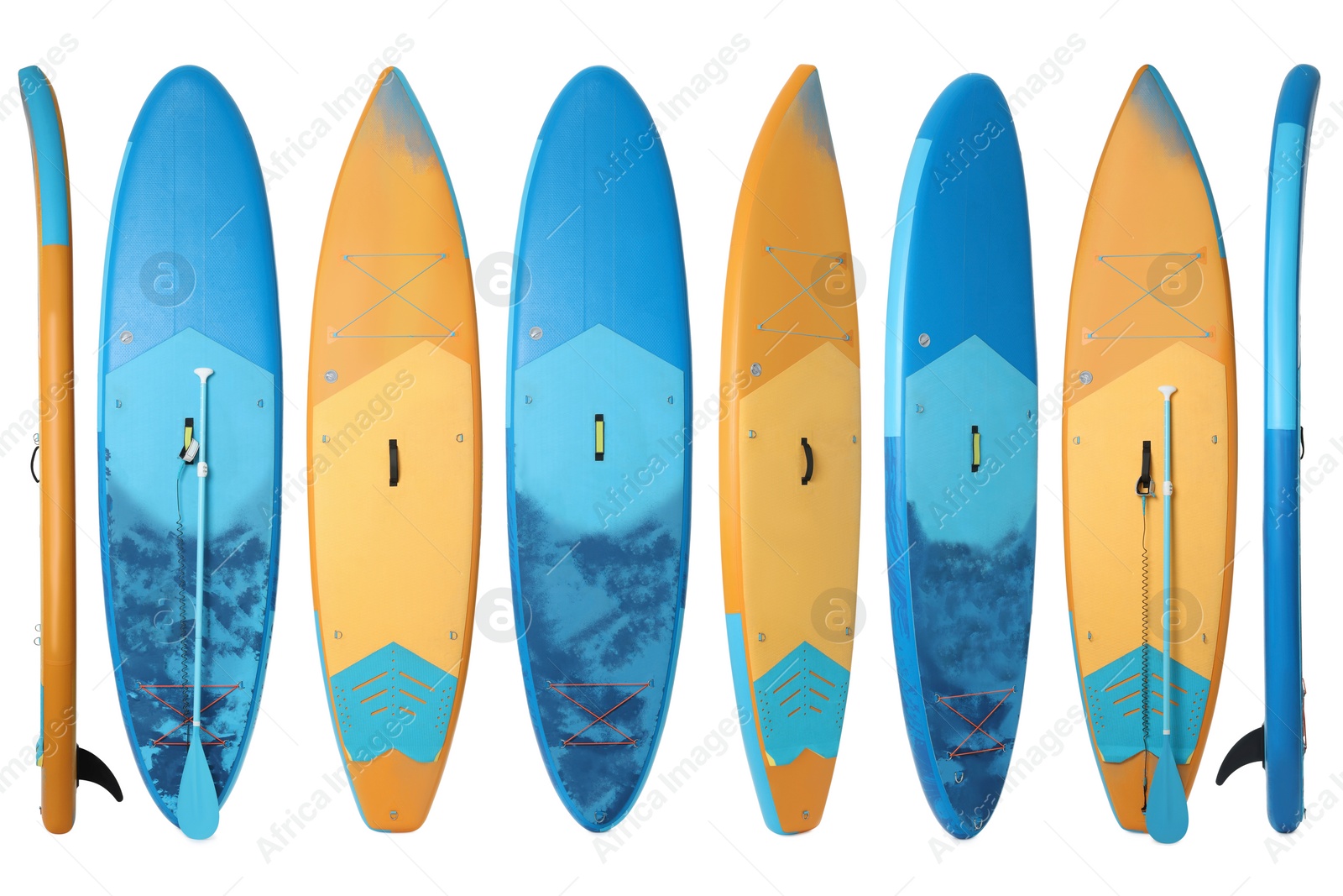 Image of Collage with SUP boards with paddle isolated on white, different sides