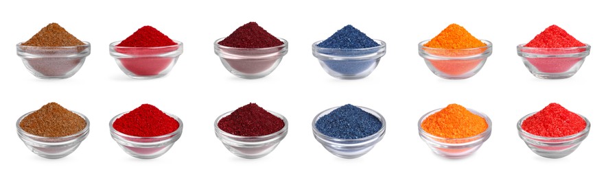 Image of Collage of different powdered food coloring in bowls isolated on white