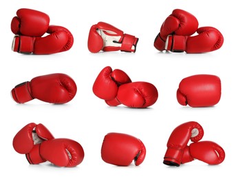 Image of Set with red boxing gloves on white background
