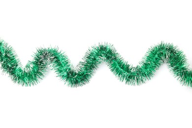 Photo of Shiny green tinsel isolated on white, top view