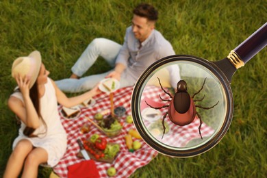 Image of Happy couple having picnic in park and don't even suspect about hidden danger in green grass. Illustration of magnifying glass with tick, selective focus
