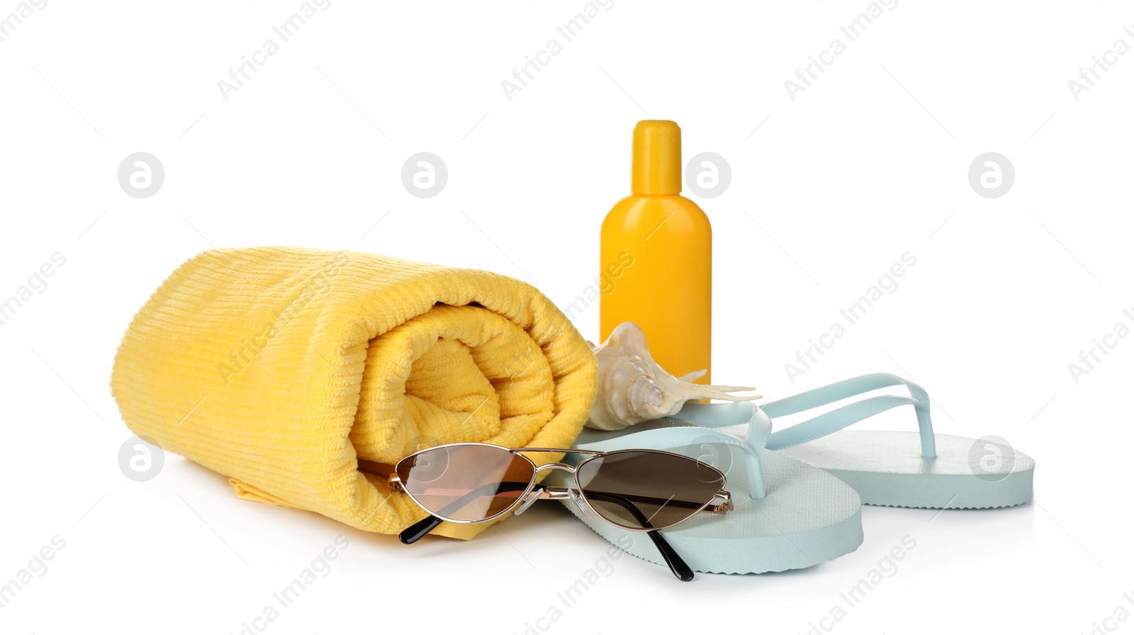 Photo of Different stylish beach accessories on white background