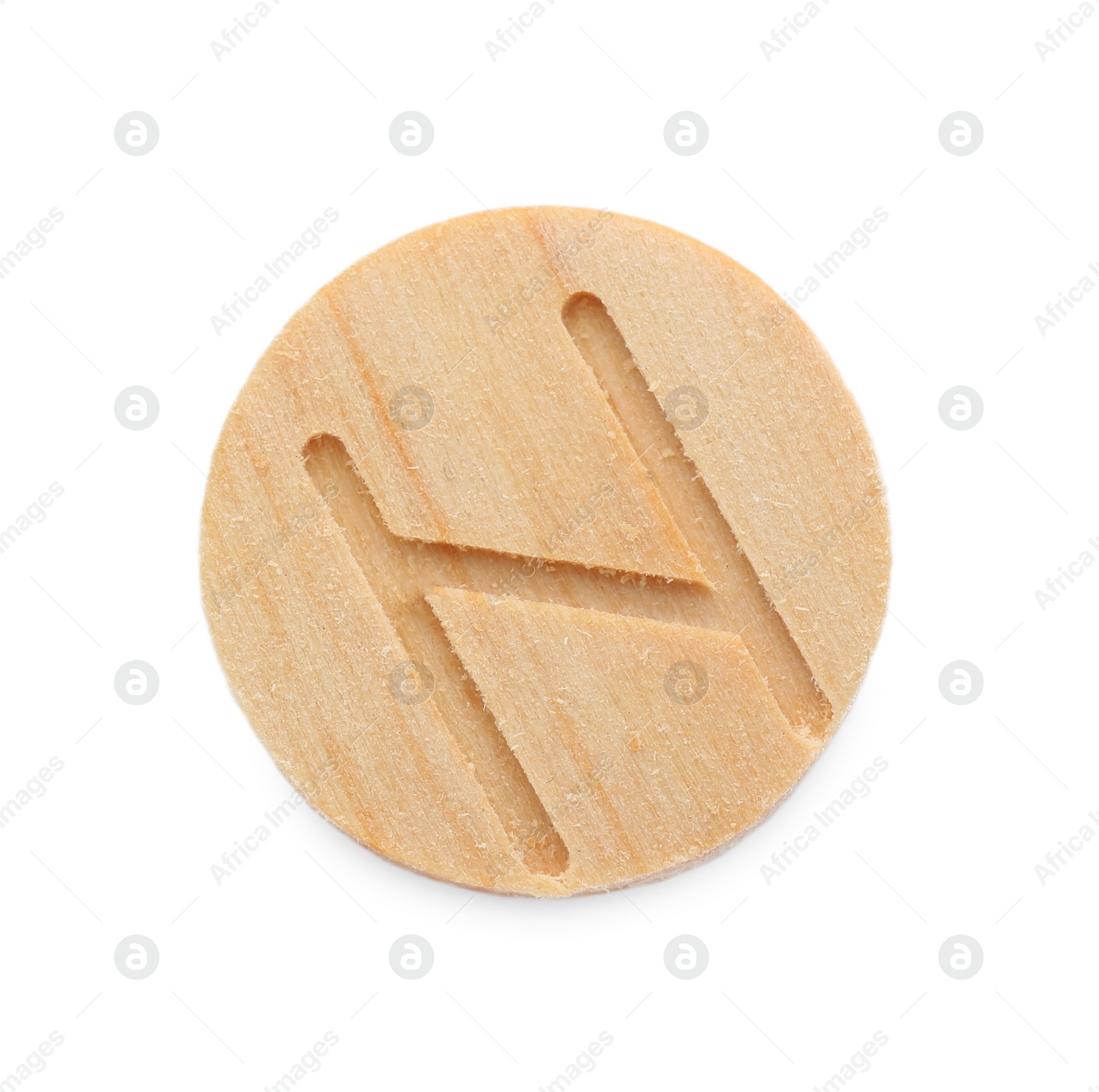 Photo of Wooden rune Hagalaz isolated on white, top view